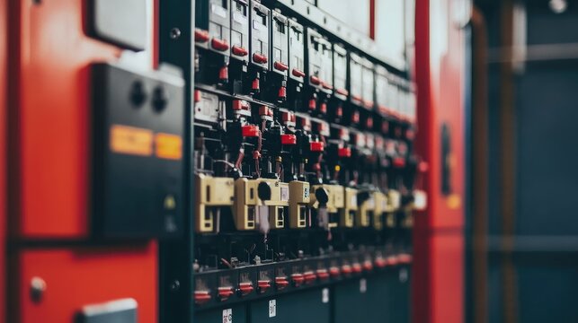 Electrical switchgear installation in a power plant with neatly labeled components.
