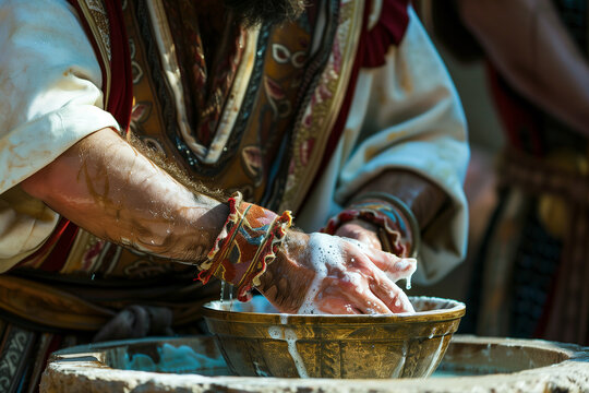 Pontius Pilate washing his hands during Jesus Christ’s trial to avoid responsibility for his crucifixion on Good Friday in Jerusalem