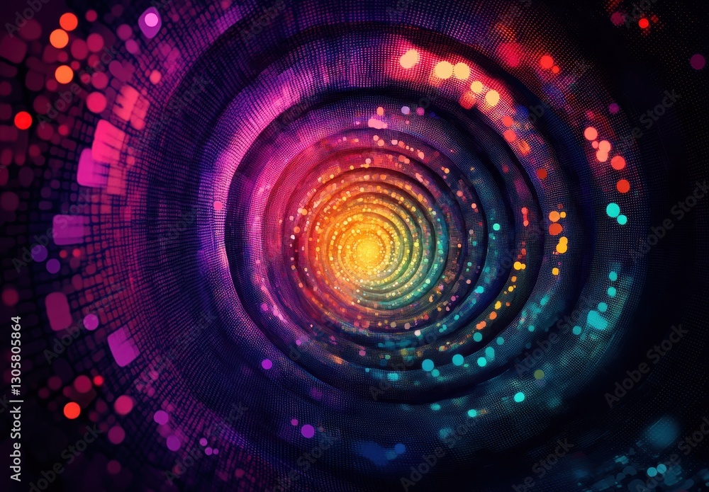 Poster colorful abstract swirling tunnel with light orbs and patterns representing depth and motion in digi