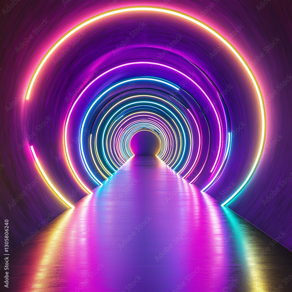 Poster glowing neon rings: abstract circular pathways of light and energy art loop space cycle shape lines