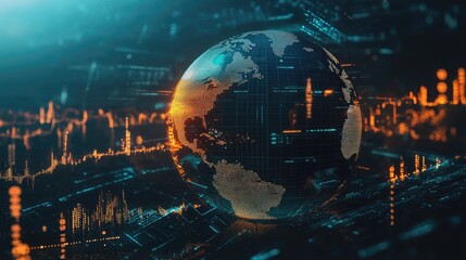 Finance and technology integration with futuristic market analytics, a D globe, and floating money.