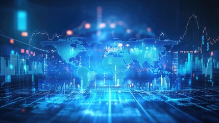 Financial network and global trade with blue-tinted stock market charts and wealth visualization.