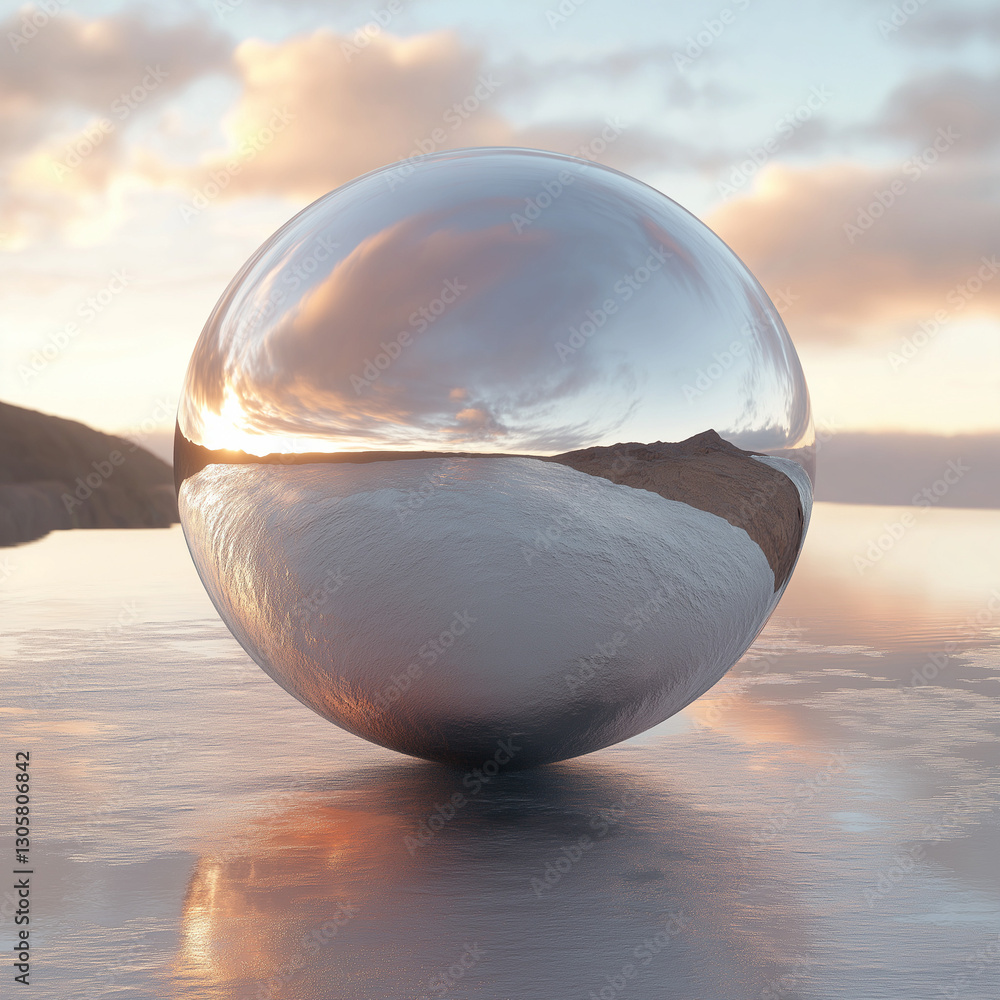 Poster liquid mercury sphere: floating metallic orb reflection, abstract science concept, elegant design