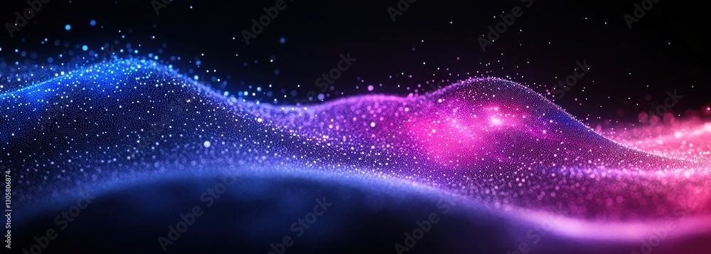 Poster colorful abstract waves of light with sparkling particles shimmering in a dark background, creating 