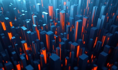 Obraz premium Abstract 3D city with glowing skyscrapers at night, digital background