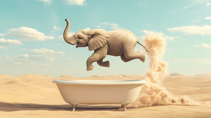 A humorous and surreal image of a playful elephant mid-jump into a bathtub the scene is whimsical and imaginative, evoking feelings of fun and surprise. Surreal - Desert. Illustration