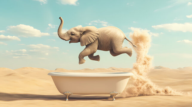 A humorous and surreal image of a playful elephant mid-jump into a bathtub the scene is whimsical and imaginative, evoking feelings of fun and surprise. Surreal - Desert. Illustration