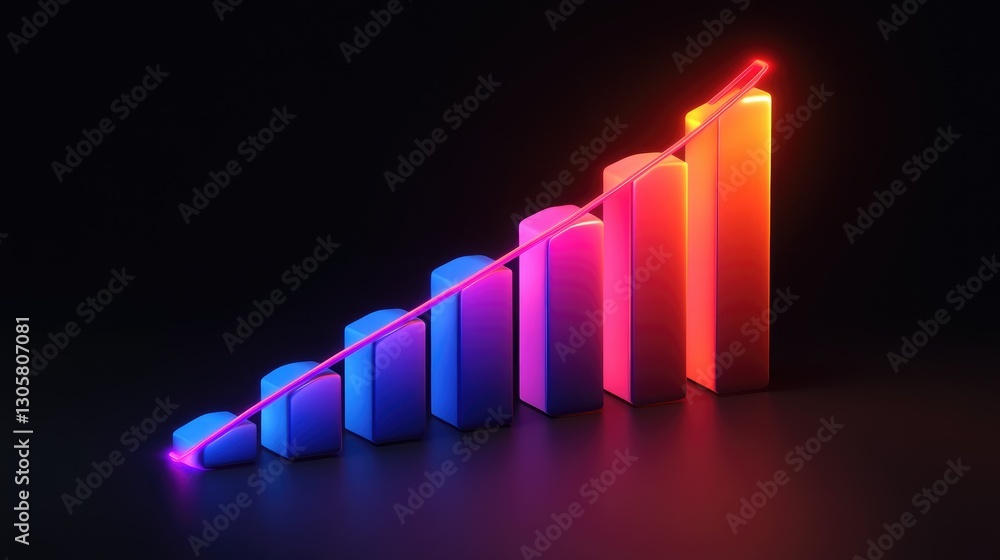 Poster futuristic business analysis visualization with a glowing histogram and a red upward trend.