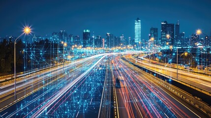 Fototapeta premium Future energy scenario showing net-zero carbon goals, electric grids powered by renewables, and smart city solutions.
