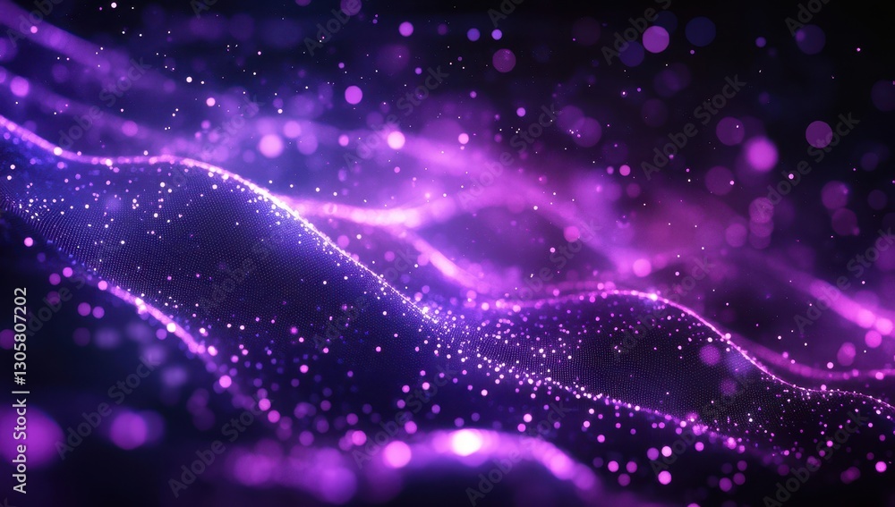 Poster colorful and glowing abstract background of purple waves with sparkling particles and bokeh lights f