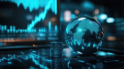 Fototapeta premium Futuristic finance theme with a metallic globe, blue stock market graphs, and digital coin stacks.