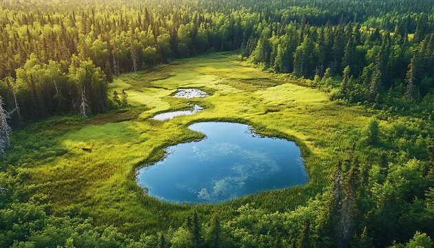 Lake amidst forest, scenic wetland overhead