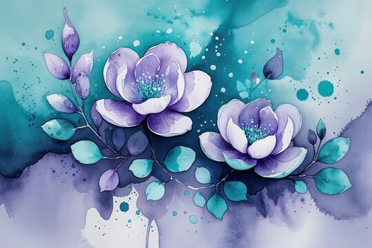 Lilac Teal Watercolor Art with Soft Aquamarine Background and Turquoise Accents