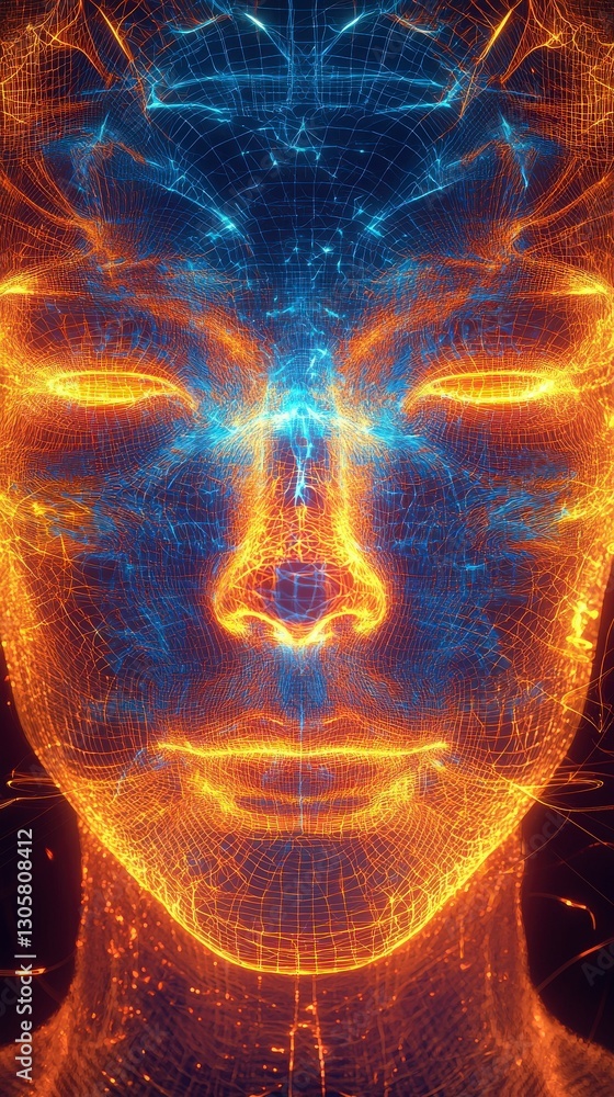 Poster digital portrait with radiant mesh patterns and colors
