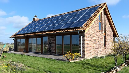 Obraz premium House rooftop solar panels on sunny day meadow