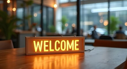 Illuminated 'WELCOME' Sign Creating a Cozy and Inviting Atmosphere in a Modern Space