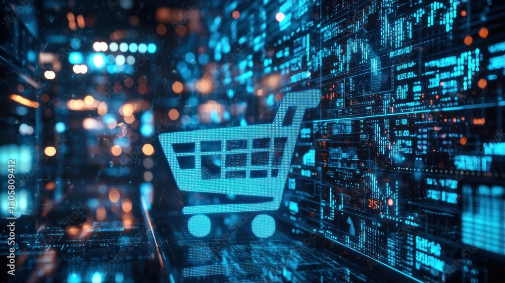 Poster abstract digital shopping cart icon representing online shopping and e commerce in a futuristic tech