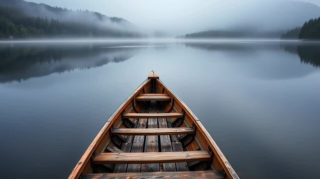Wooden Canoe on a Misty Lake Surface with Reflections on Calm Waters and Trees in Foggy Mountain Background on an Overcast Morning
