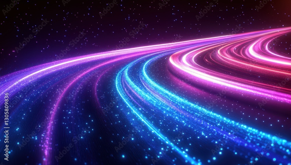 Poster colorful light trails on a dark background creating a cosmic effect with glittering stars and smooth