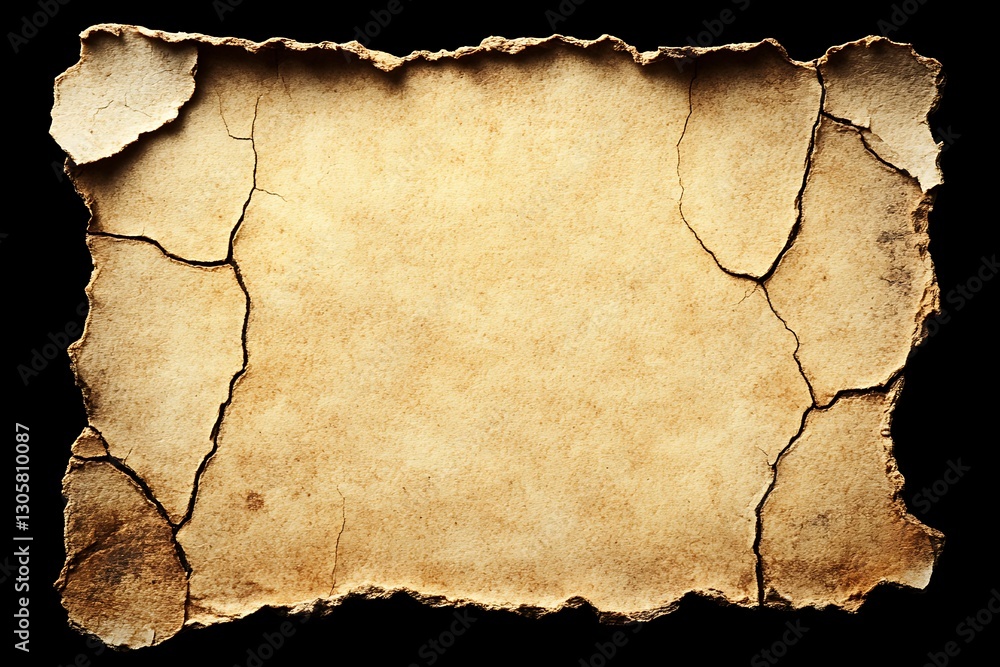 Poster aged parchment texture with ragged edges and deep cracks on black backdrop