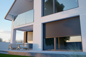 Window roller. Front of a Modern Building with a Terrace View and Exterior Blinds
