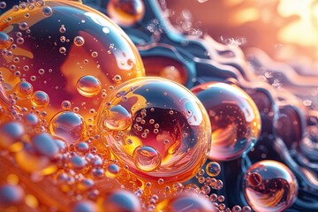 Mesmerizing 3D Artwork of Vivid Bubble Fusion in Warm Colors with Dynamic Flow