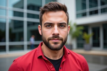 Obraz premium Confident Young Caucasian Male with Beard, 20s, Posing Outdoors in Urban Setting with Modern Architecture, Casual Red Shirt, Looking Directly at Camera