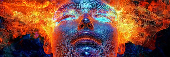 Face with fiery glow and vivid digital patterns