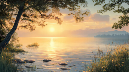 Radiant sunrise over calm ocean: stunning golden rays reflecting on tranquil waters. Tranquil - Lake. Illustration