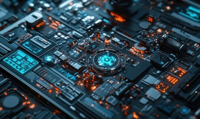 Fototapeta premium Futuristic Circuit Board with Glowing Core, Close-Up, Technology Background