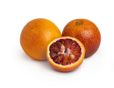 Three blood red oranges with shadow isolated. Full depth of field.