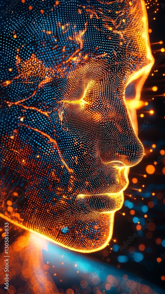 Poster meshed digital face surrounded by soft glowing patterns.