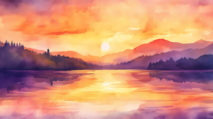 Fototapeta premium Sunset-inspired watercolor background with warm oranges, pinks, and purples. Tranquil - Lake. Illustration