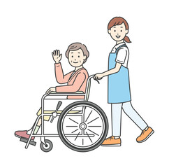 車椅子の高齢女性と介助ををする若い女性介護士の全身イラスト