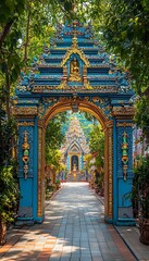 Blue archway temple path, lush trees, Buddhist shrines