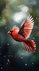 Cardinal perching on snow-covered branch, spreading crimson wings against soft white backdrop of gently falling winter snowflakes