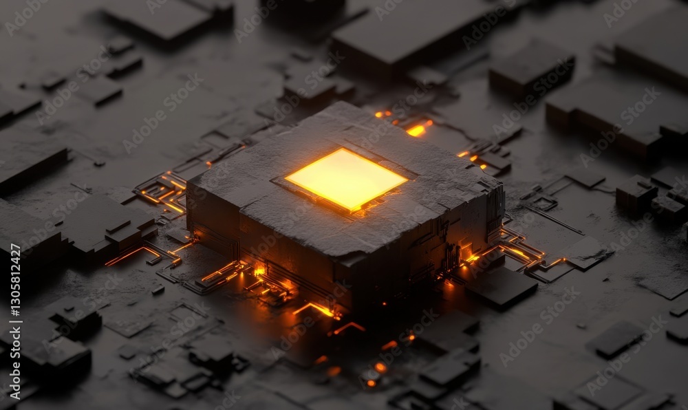 Poster glowing cpu on circuit board powering technology