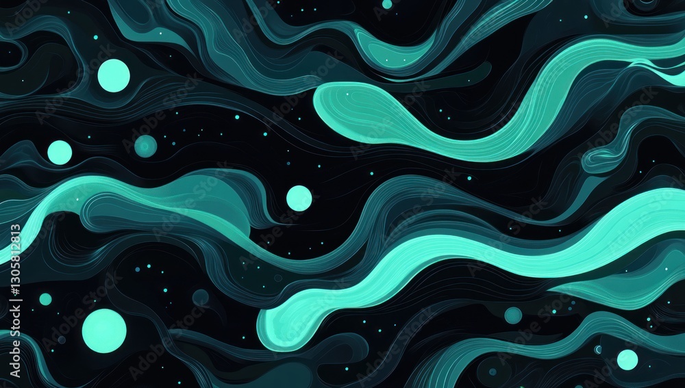 Poster abstract swirling teal and dark teal fluid pattern with glowing circles and lines.