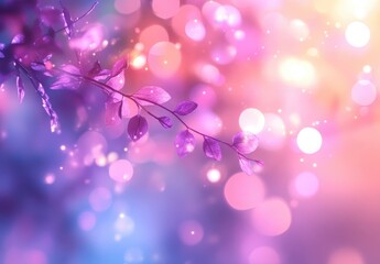 Delicate Branch with Vibrant Colorful Bokeh Background in Purple, Pink, and Blue Tones for Dreamy and Ethereal Aesthetic Visuals