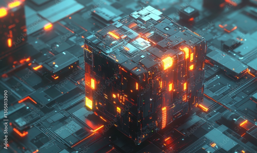 Poster glowing cube on circuit board, data processing, tech background, abstract concept