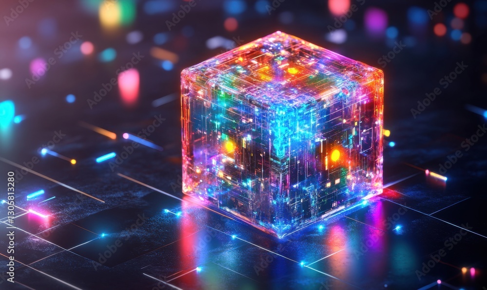 Aufkleber glowing cube with circuits on dark digital surface, tech background