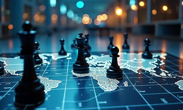 Strategic Global Chess: Digital World Map with Chess Pieces