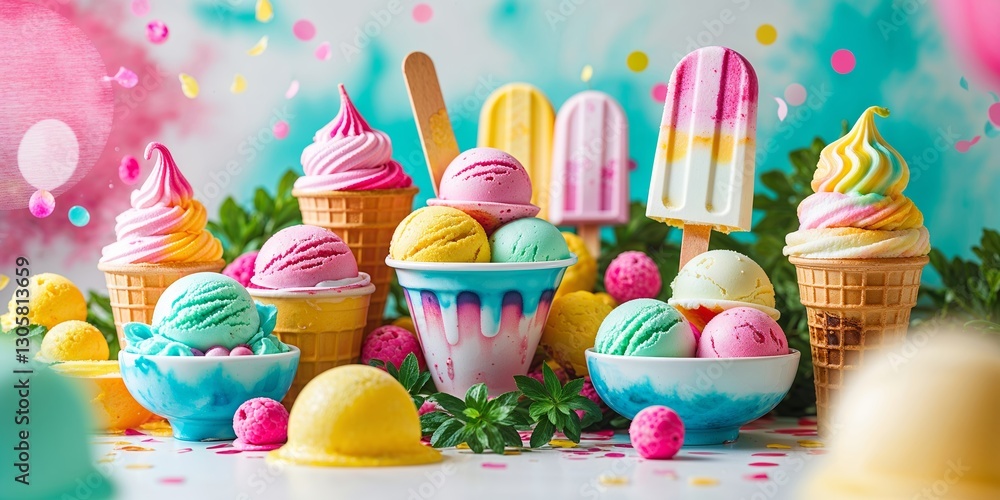 Poster colorful ice cream display with various flavors and toppings in a festive setting