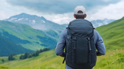 Hiker Carrying Heavy Backpack While Trekking Through Mountainous Landscape