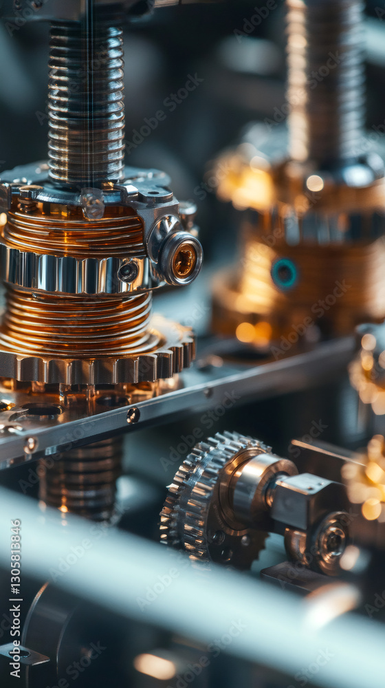 Poster close-up of intricate machinery with gears and screws working in perfect synchronization, showcasing