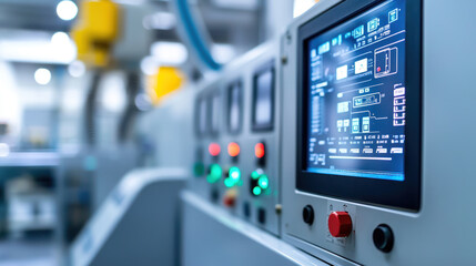 Naklejka premium A sleek control room with digital interface monitoring industrial technology for business automation efficiency