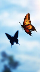 Obraz premium Orange butterfly flying over its dark shadow projected on blue sky background, concept of hope, rebirth and freedom
