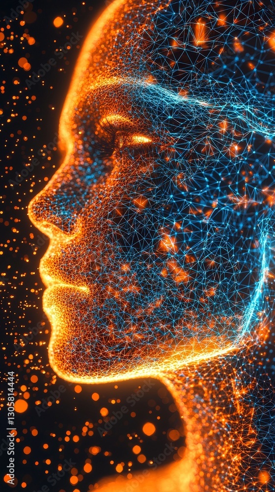 Poster futuristic mesh face with vibrant digital patterns