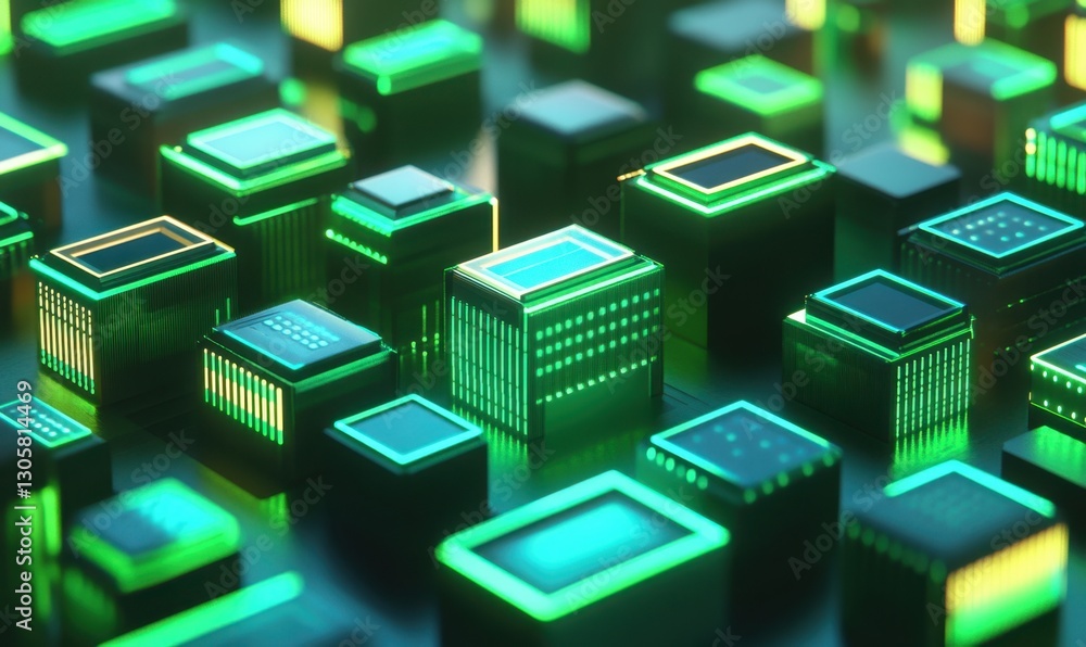 Aufkleber glowing green cubes abstract data network background