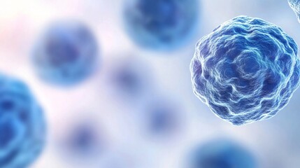 Blue microscopic cells or viruses on light background. Medical research, microbiology, and immunology concept. Scientific visualization of biological structures with copy space.